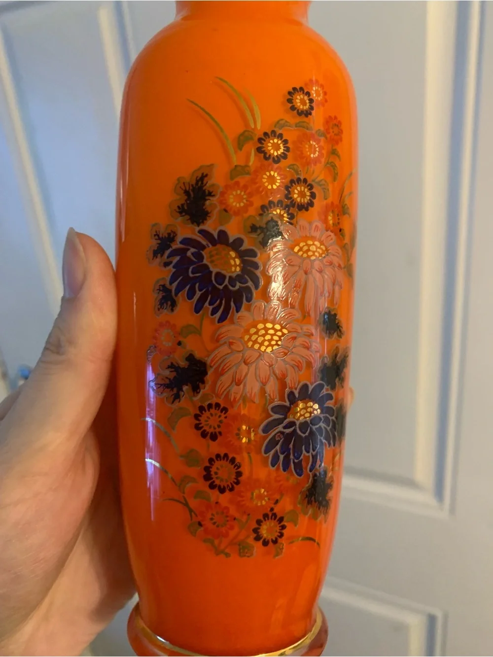 Made In Japan Orange Cased Flowers w/ Gold trim Vase 8 1/8